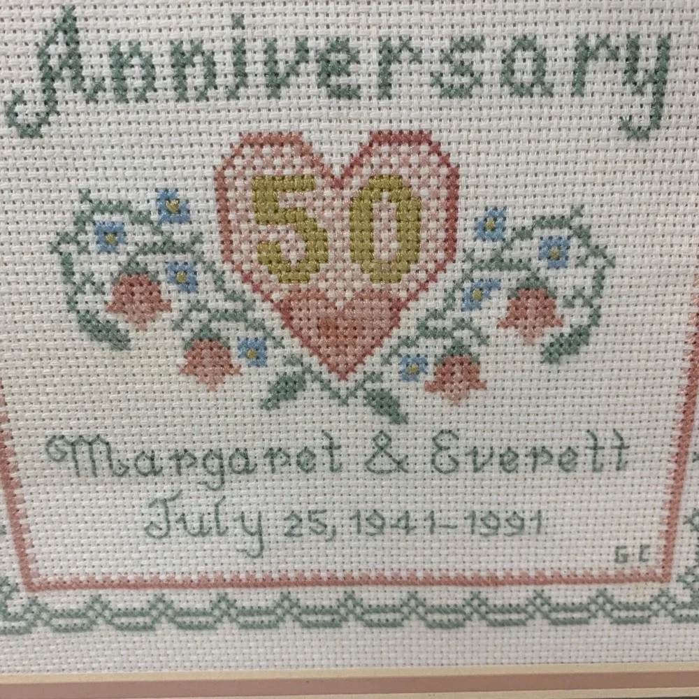 Vtg Framed Completed Cross Stitch 50th Happy Anniversary Floral Heart 12